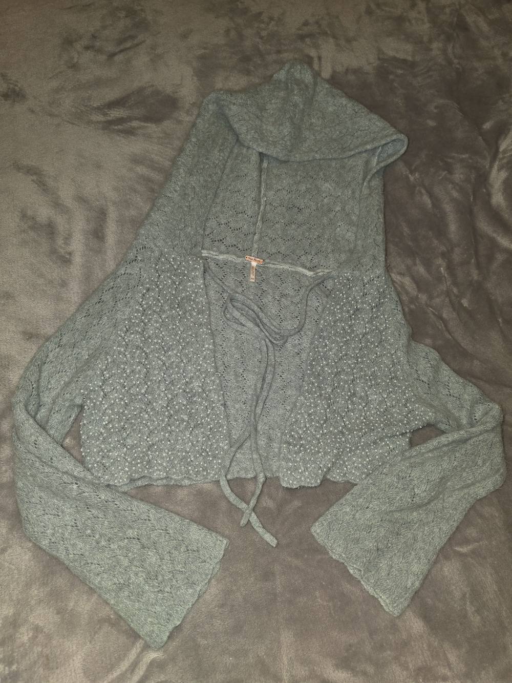 Free People Olive Green Hooded Cropped Pearl Knit Sweater